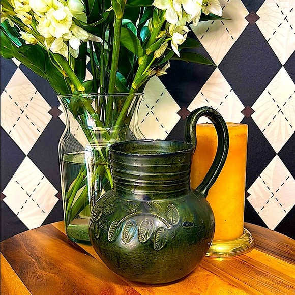 Vintage Mexican Folk Pottery Chocolate Jug – Green Glaze Floral Motif Handmade - Picture 12 of 17